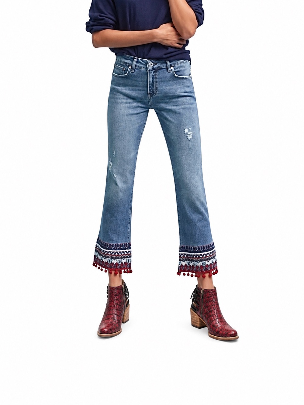 Pilcro and the Letterpress Blue Cropped Jeans with Embroidered Pom Pom Hem 30